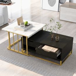 Modern Marble Nesting Golden Coffee Table w/ Metal Frame, Drawers, and Shelves (Set of 2) (Color: Black White)
