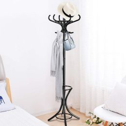 Wooden Umbrella Standing Coat Rack Tree with 12 Hooks (Color: Black)