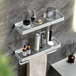 2-Tier Bathroom Wall Mounted Glass Shelves w/ Towel Holder (Color: White)