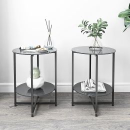 Modern Round End Tables with Tempered Glass by New Space (Set of 2) (Color: Black)