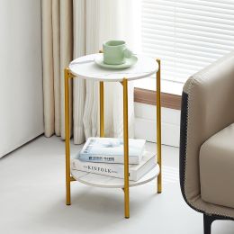 Modern 2-Layer  Marble Tabletop with Metal Frame End Table (Color: White+Golden+Marble)