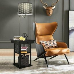 Floor Lamp Bedside Desk w/ USB Charging Ports Shelves (Color: Black)