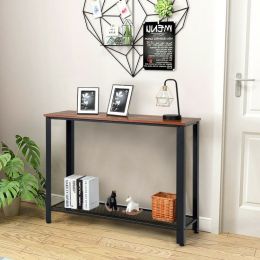 Wood Console Table with Adjustable Feet and Storage Shelf (Black/Silver) (Color: Black)
